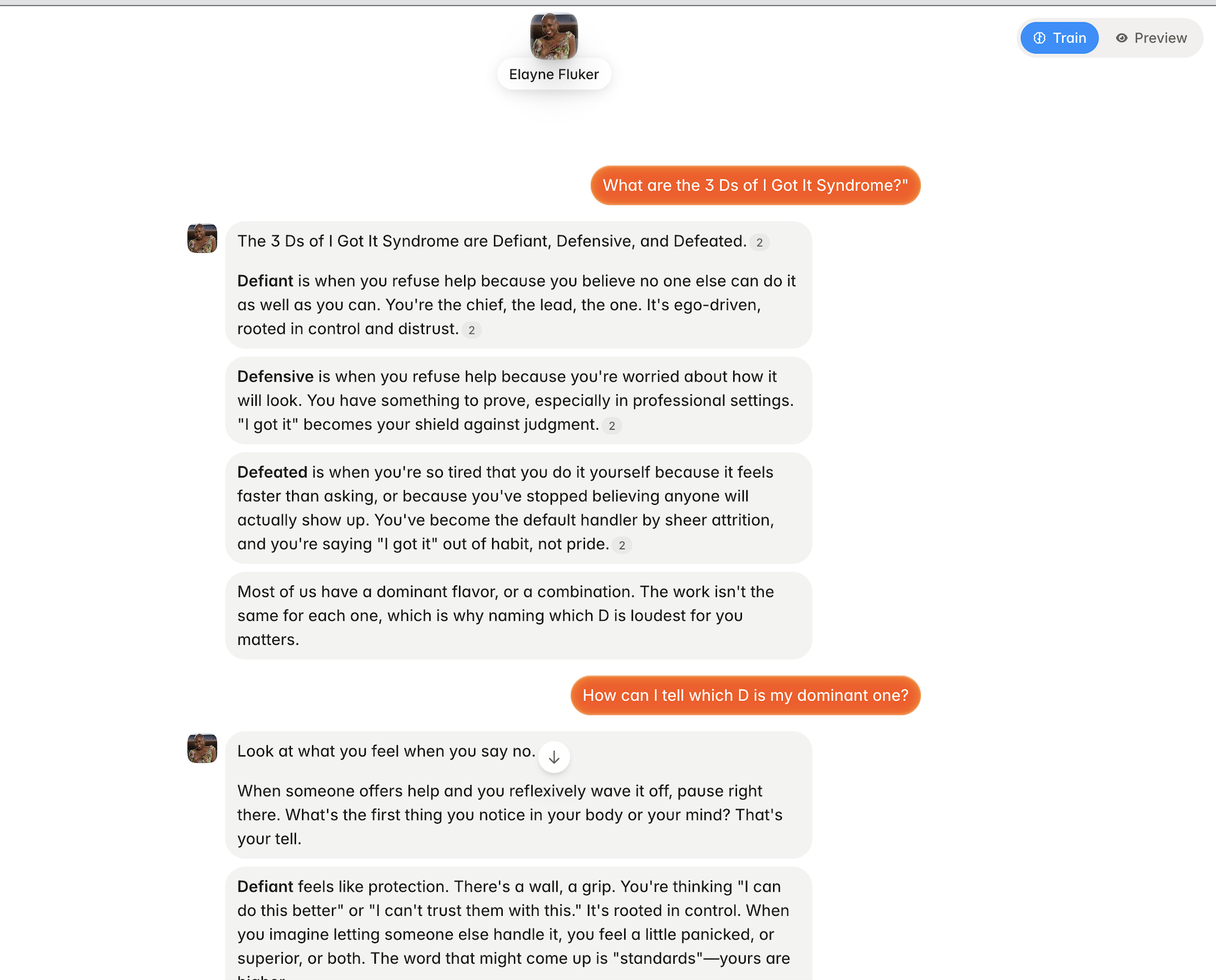 Conversation: Elayne's AI coach explaining the 3 Ds of I Got It Syndrome